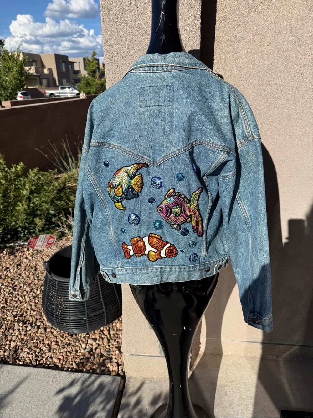 Vintage Levi’s Authentic Denim Trucker Jacket Sequin Beaded Fish Sz L Custom